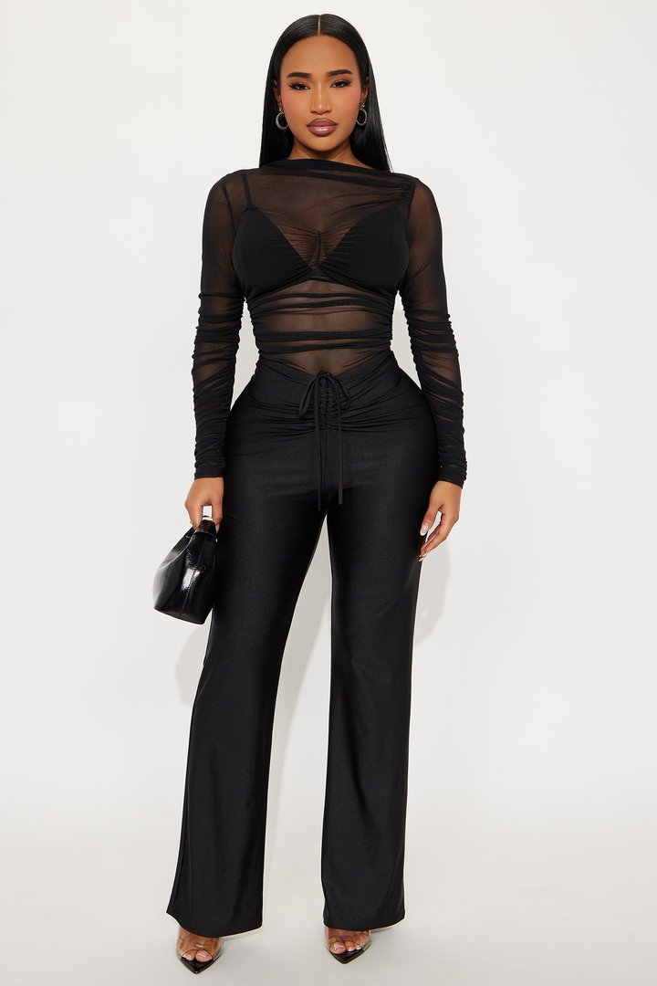 Power Trip Ruched Off Shoulder Mesh Bodysuit - Black