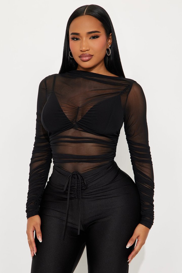 Power Trip Ruched Off Shoulder Mesh Bodysuit - Black