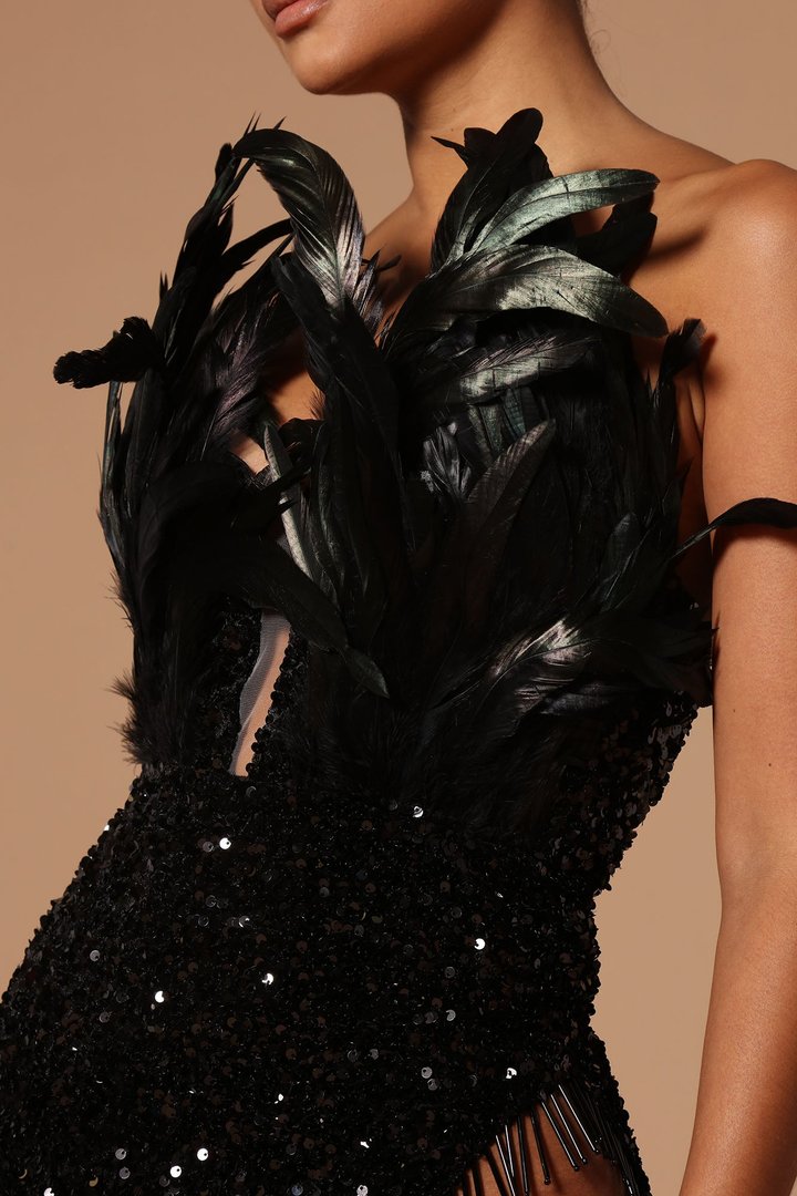Angelina Feather Sequin Maxi Dress - Black