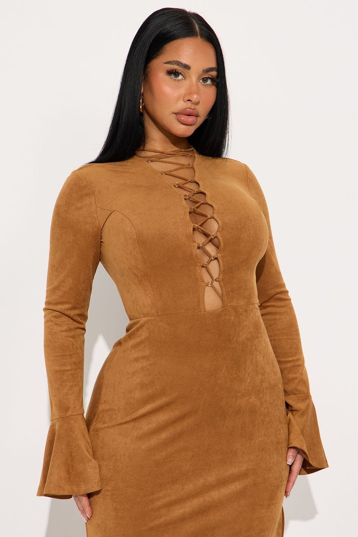 Kira Faux Suede Lace Up Maxi Dress - Camel