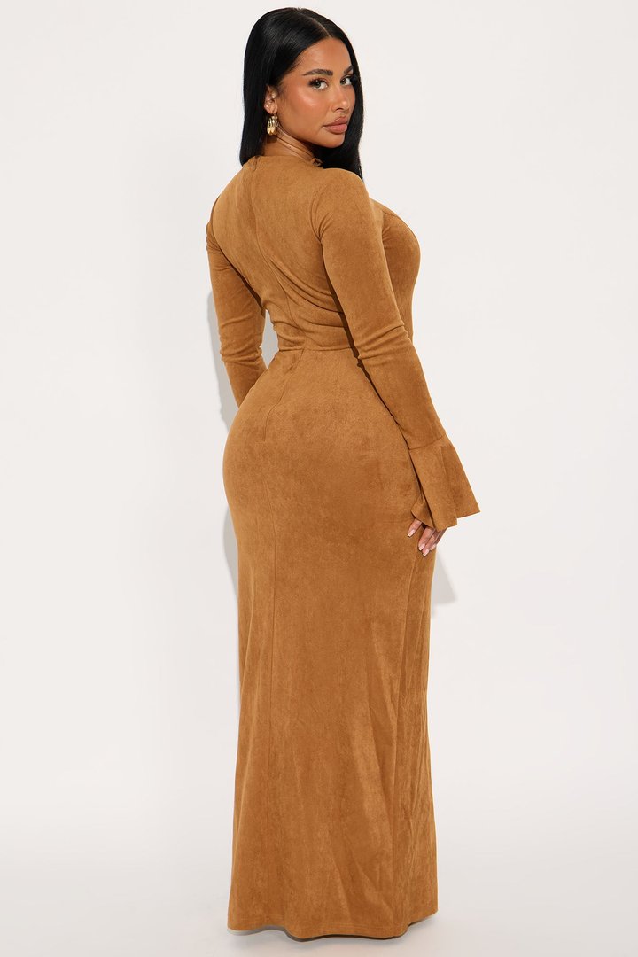 Kira Faux Suede Lace Up Maxi Dress - Camel