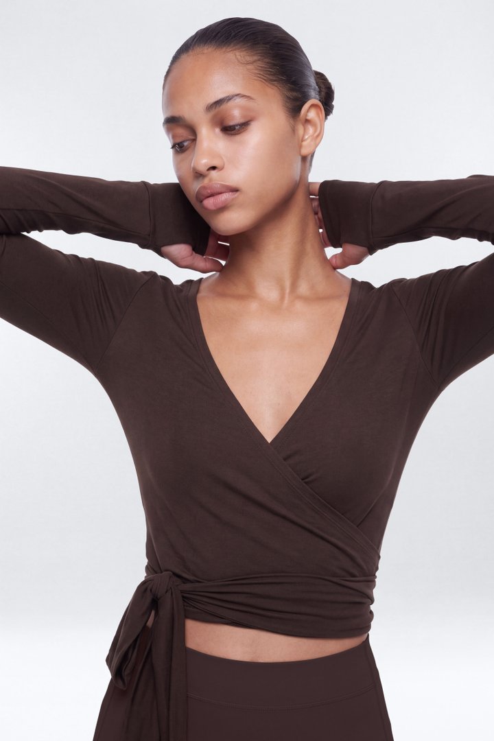Soft Jersey Surplice Wrap Top - Espresso