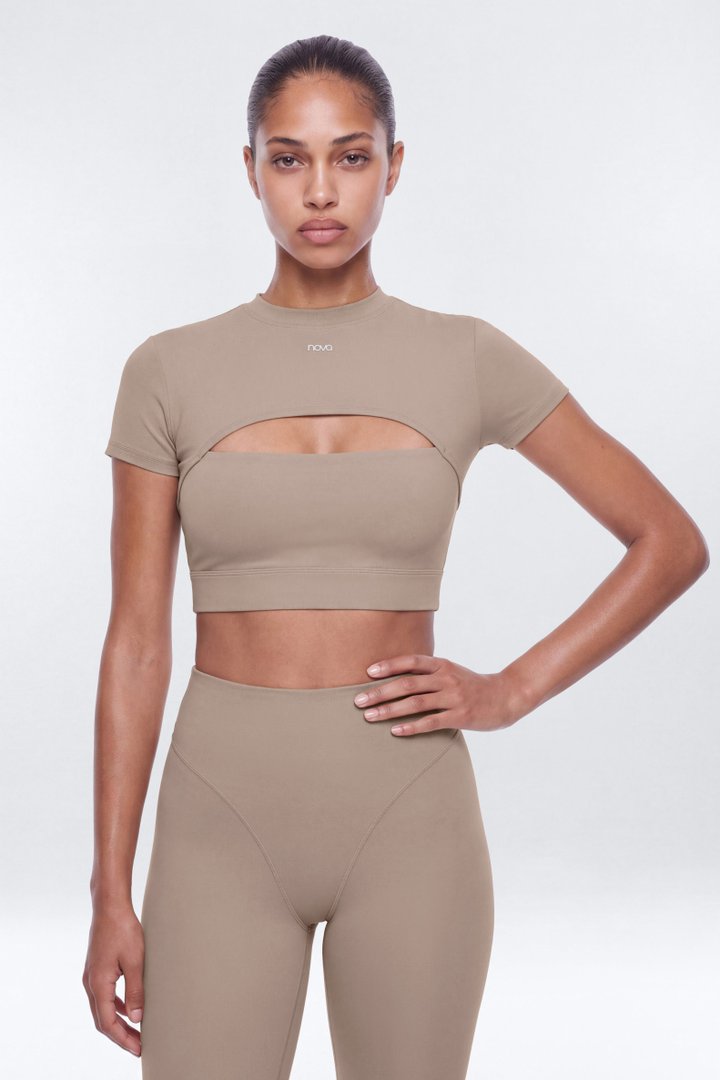 ProStretch™ Cut Out Short Sleeve Sports Top - Taupe