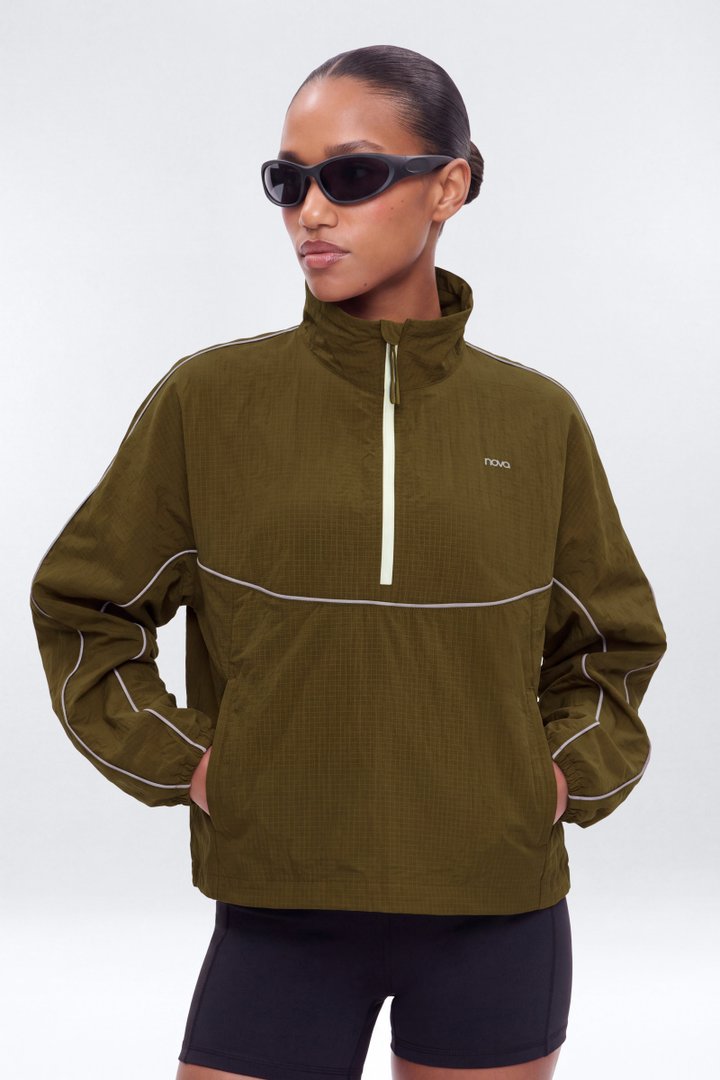 Active RipStop Quarter Zip Running Jacket - Military Green
