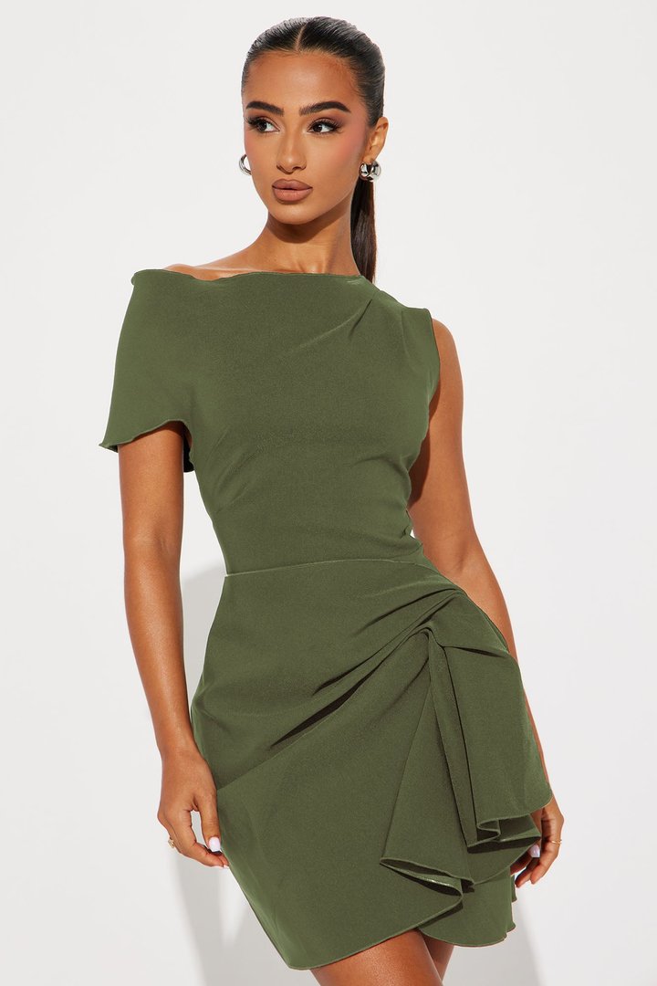 Feel The Vibe Ruched Mini Dress - Olive