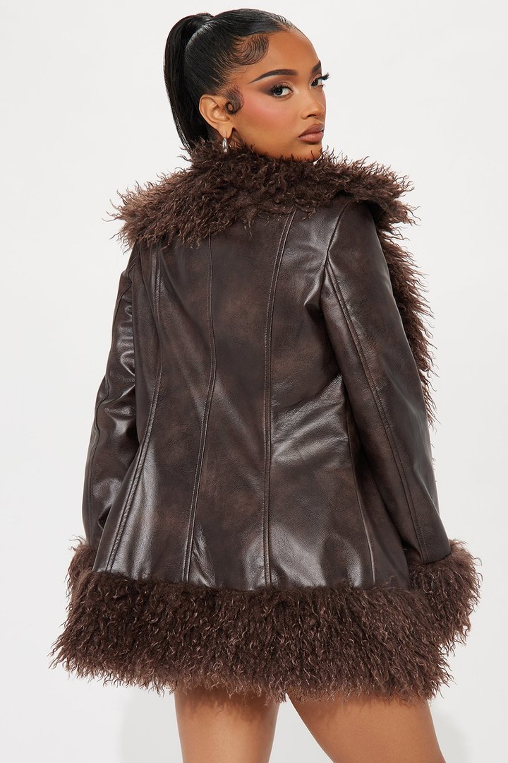 She's Fierce Fur Trim Faux Leather Romper Set - Brown