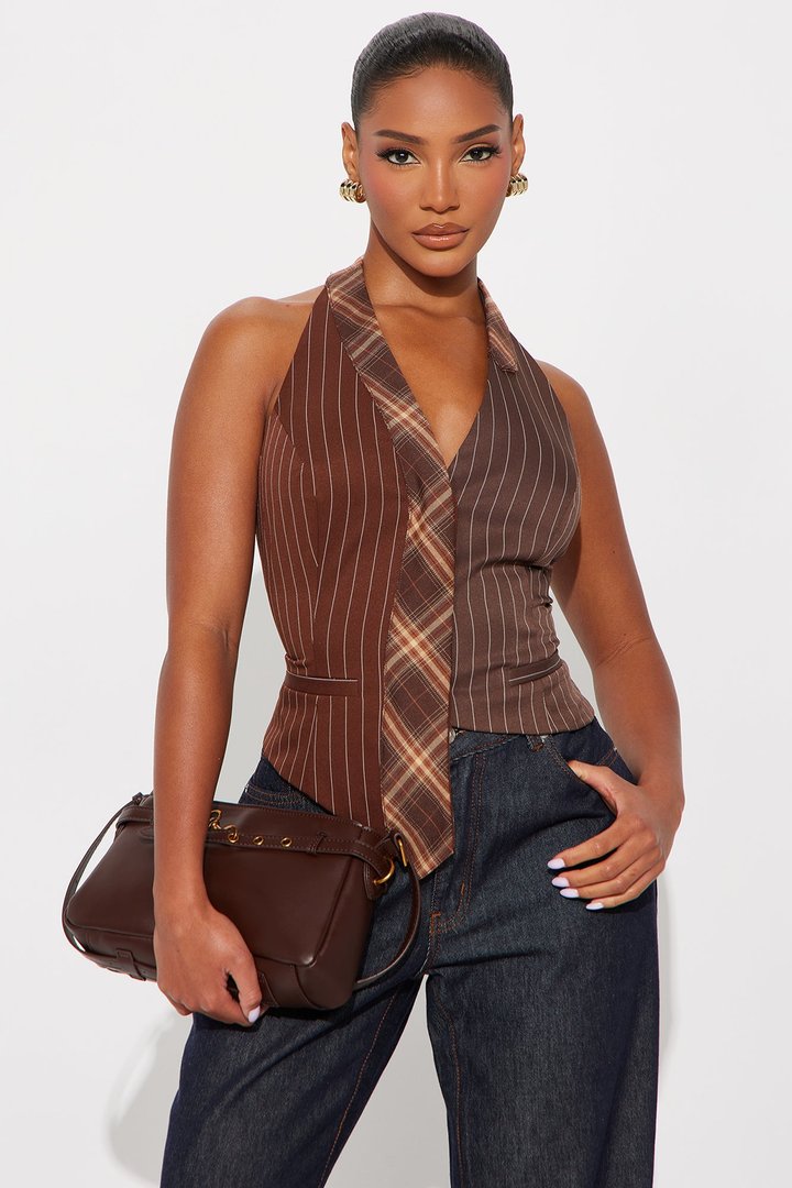 Amari Contrast Pinstripe Halter Top - Brown/combo