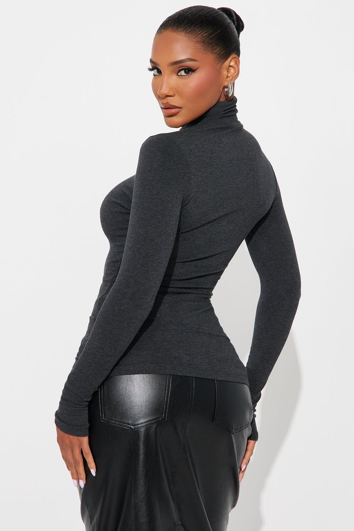No More Rules High Turtle Neck Long Sleeve Top - Charcoal