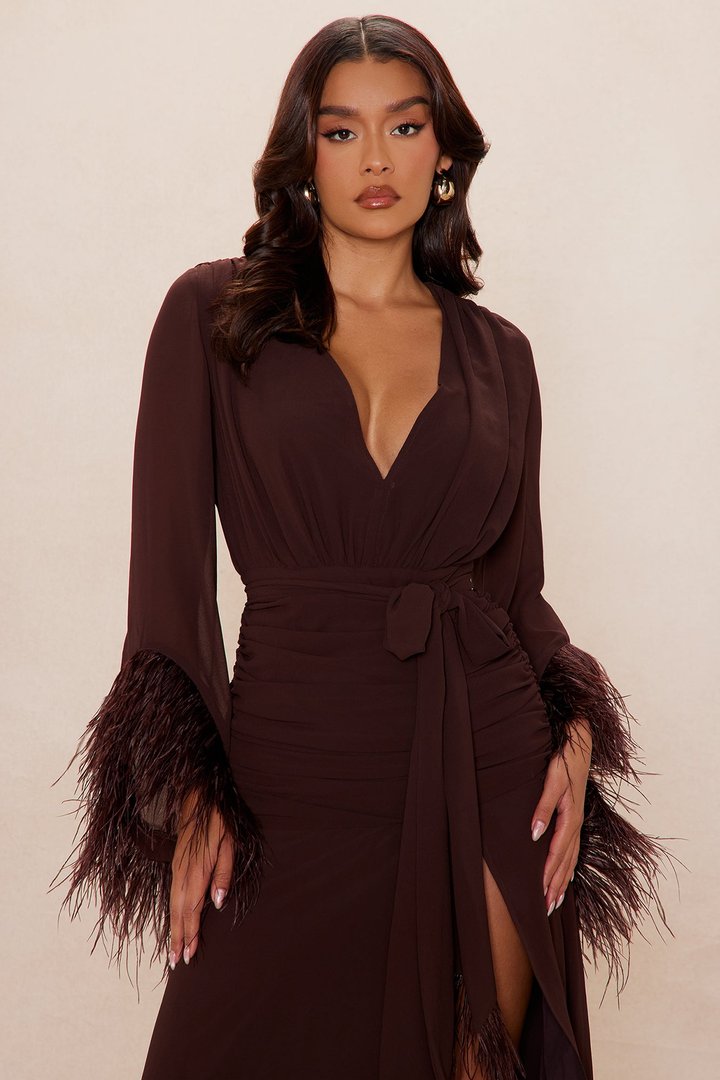Daisey Feathered Chiffon Maxi Dress - Chocolate