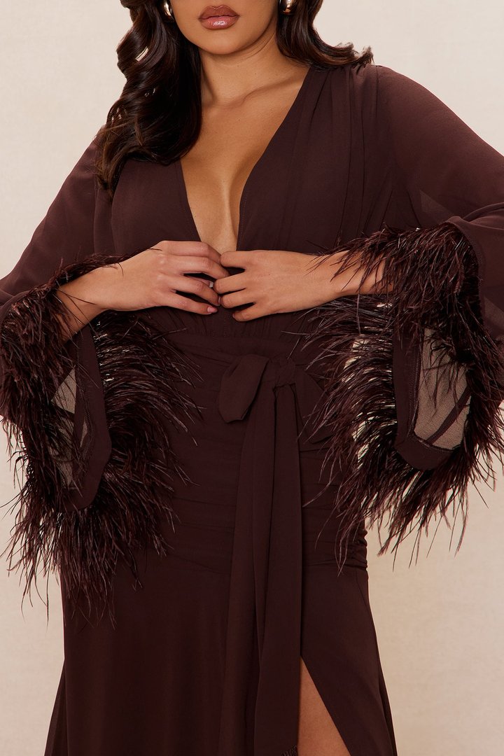 Daisey Feathered Chiffon Maxi Dress - Chocolate