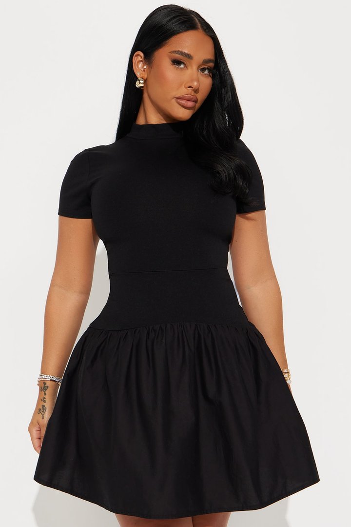 Kennedy Short Sleeve Drop Waist Mini Dress - Black