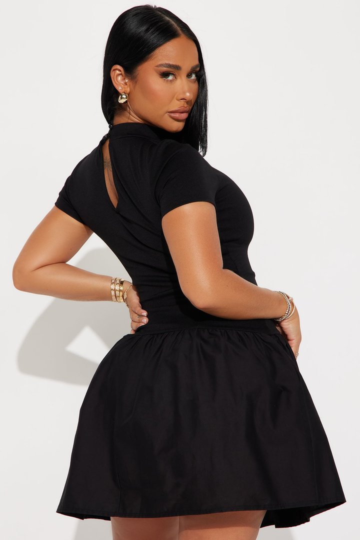 Kennedy Short Sleeve Drop Waist Mini Dress - Black