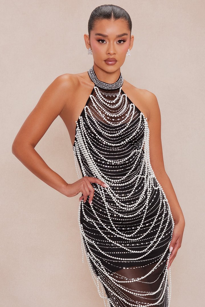 Chloe Embellished Pearl Maxi Dress - Black