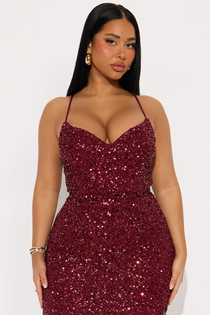 Focus Sequin Maxi Gown Dress - Wine