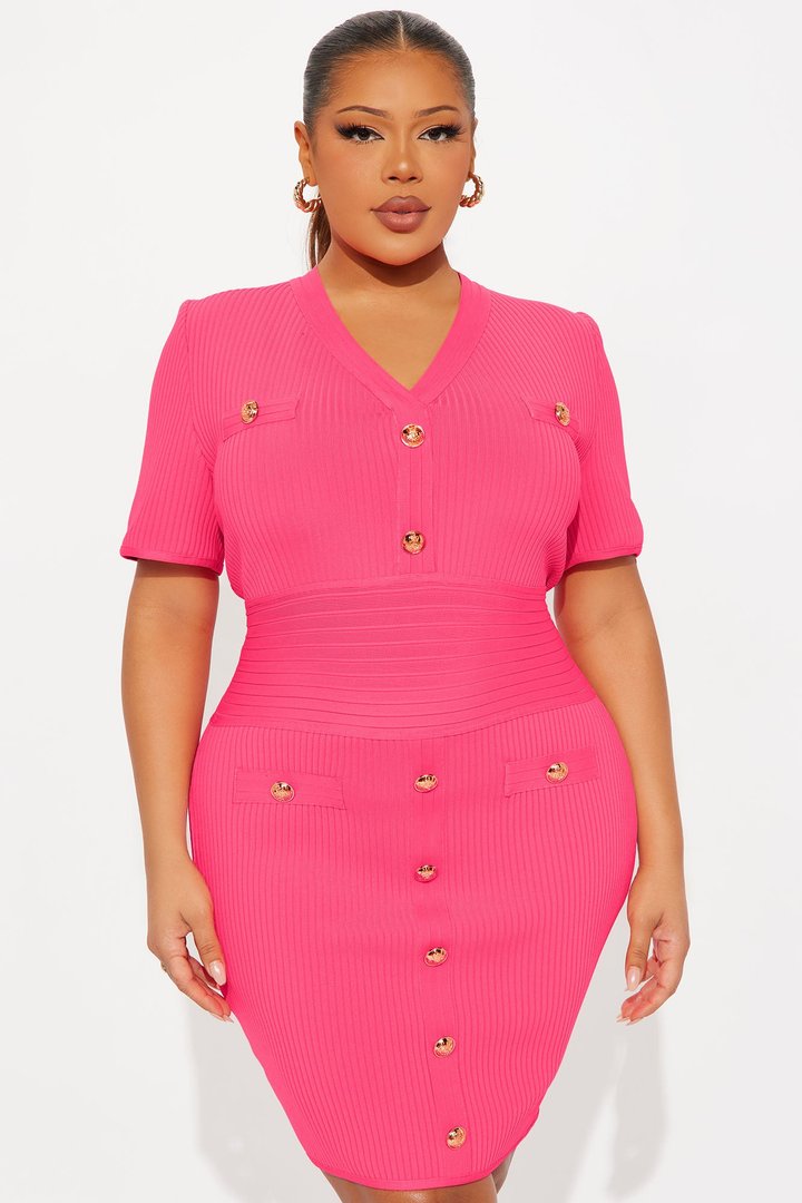 Brielle Button Short Sleeve Bandage Mini Dress - Hot Pink