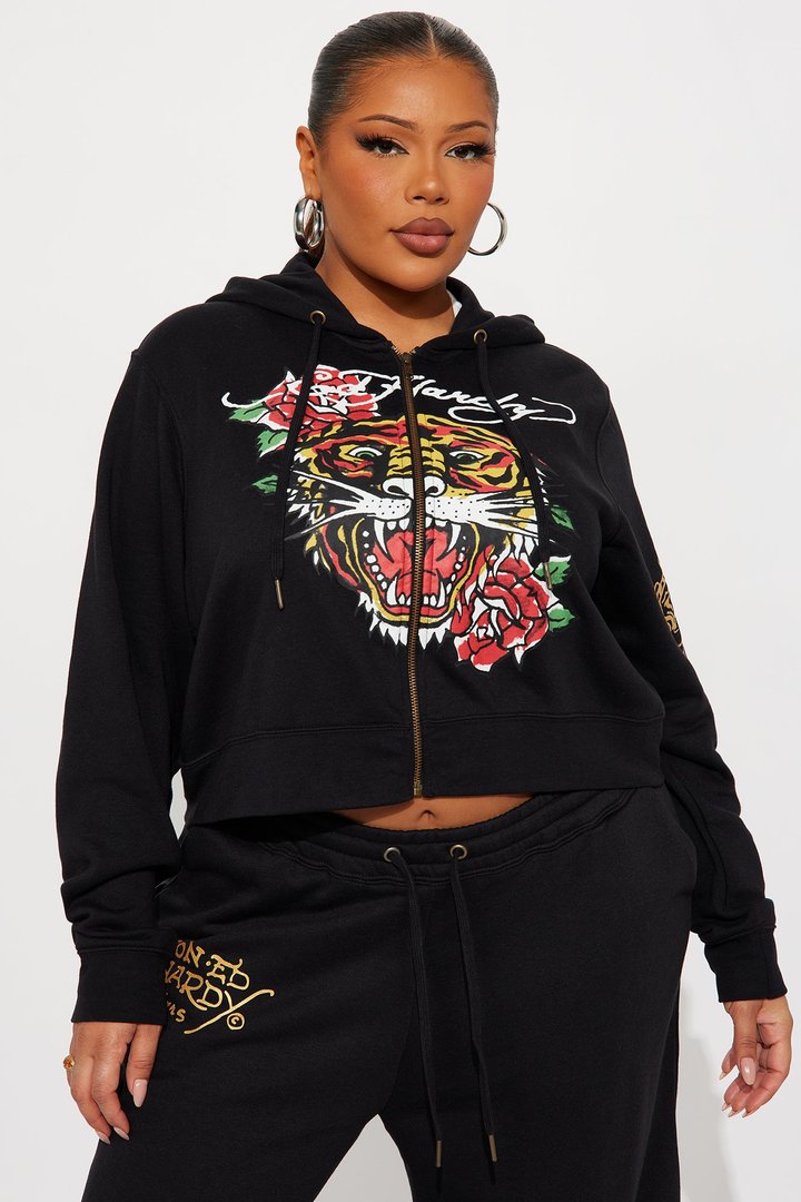 Ed Hardy Retro Tiger Zip Front Hoodie - Black
