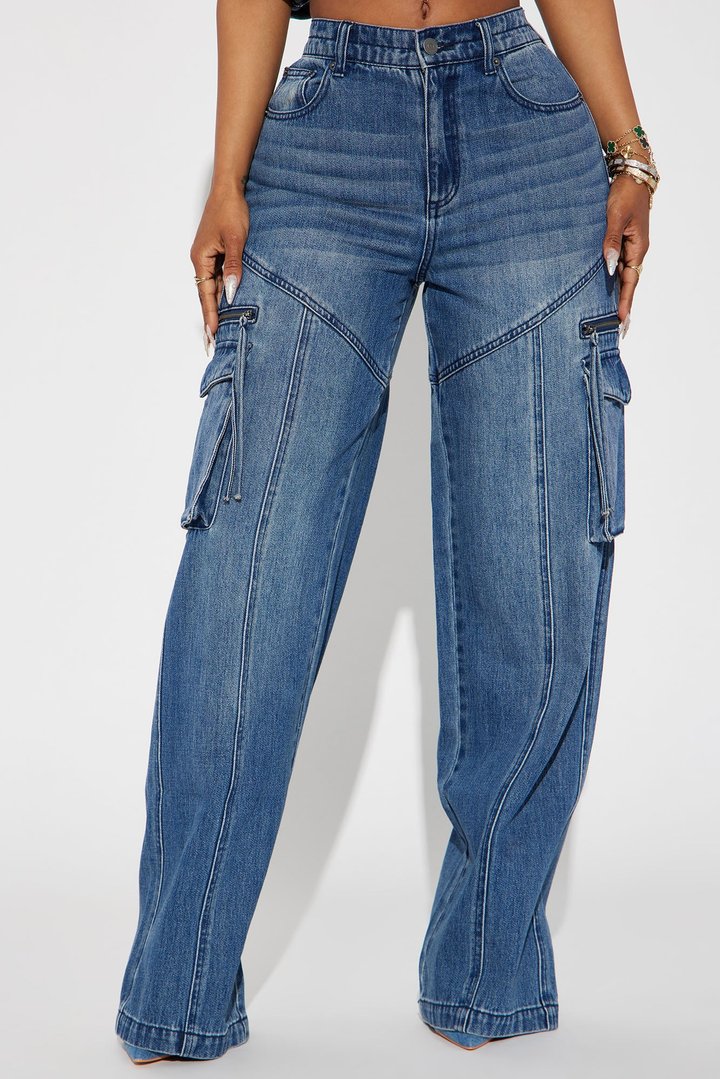 Devil In Disguise Cargo Straight Leg Jeans - Medium Wash