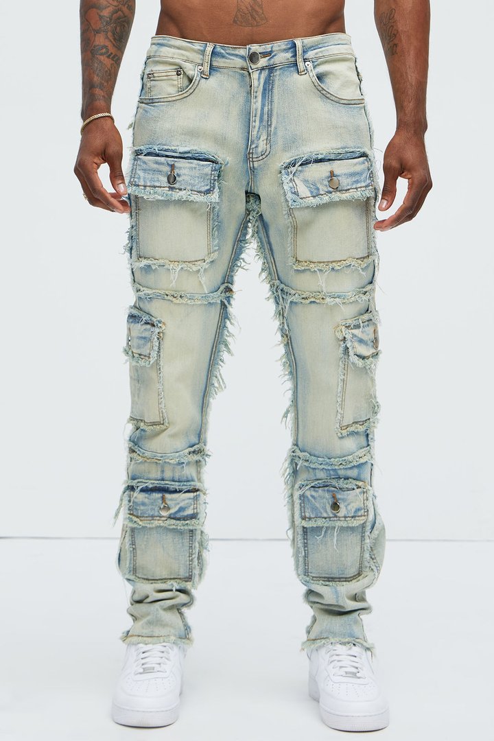 One Way Cargo Frayed Straight Jeans - Medium Wash