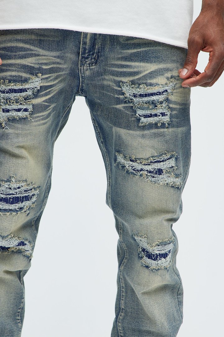 Come My Way Ripped Stacked Skinny Jeans - Dark Wash