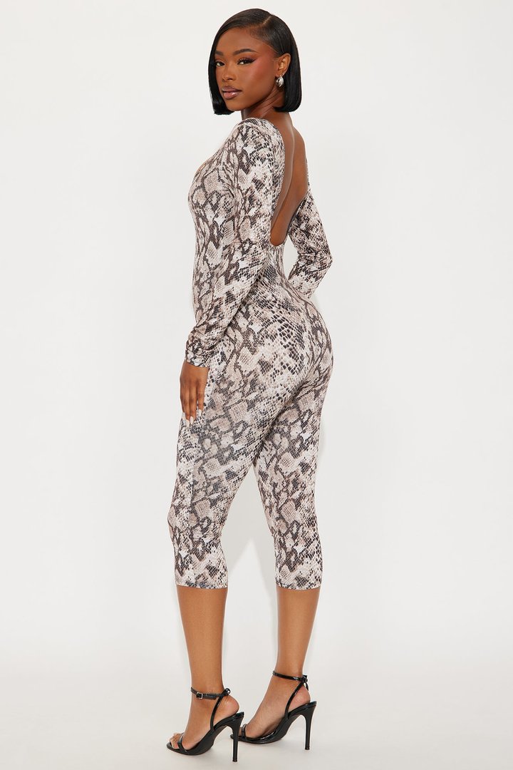 Snake Tales Backless Capri Jumpsuit - Brown Combo