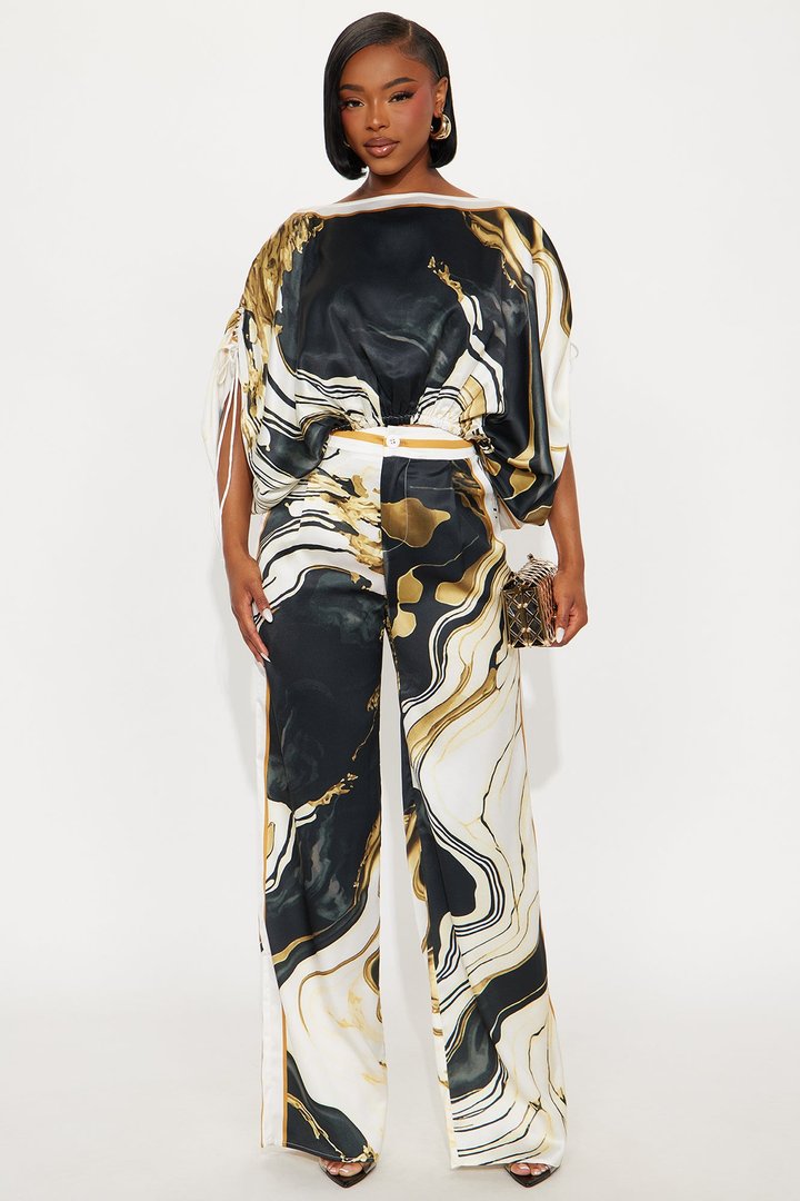 Marlene Off Shoulder Satin Pant Set - Black/combo