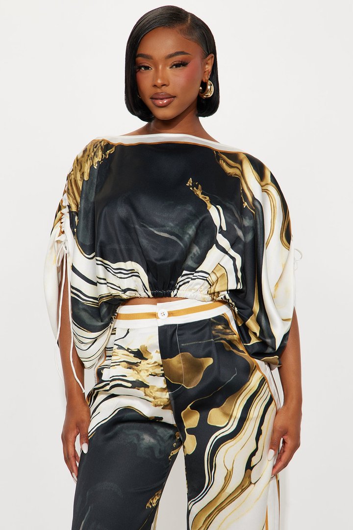 Marlene Off Shoulder Satin Pant Set - Black/combo