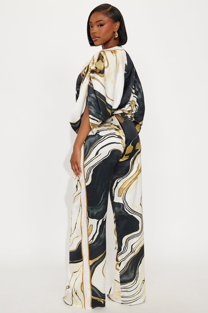 Marlene Off Shoulder Satin Pant Set - Black/combo