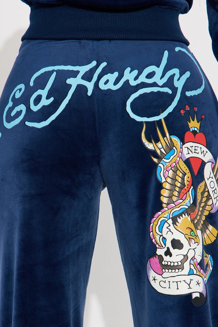 Ed Hardy NY Skull City Velour Pant Set - Navy