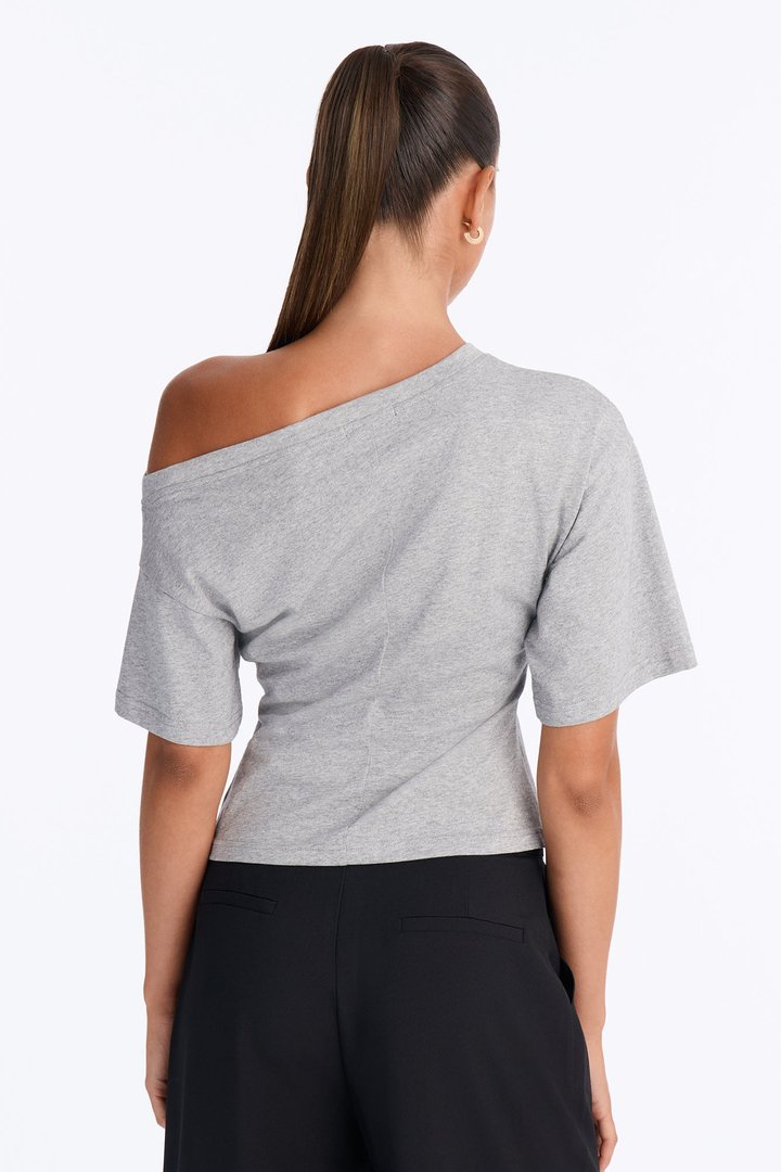 100% Premium Cotton Off Shoulder Short Sleeve Tee - Heather Grey