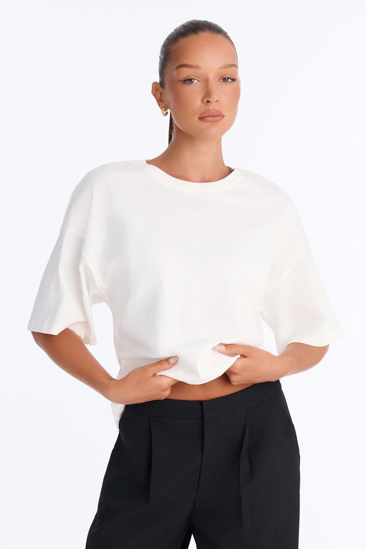 100% Premium Cotton Tie Back Cinched Waist Tee - White