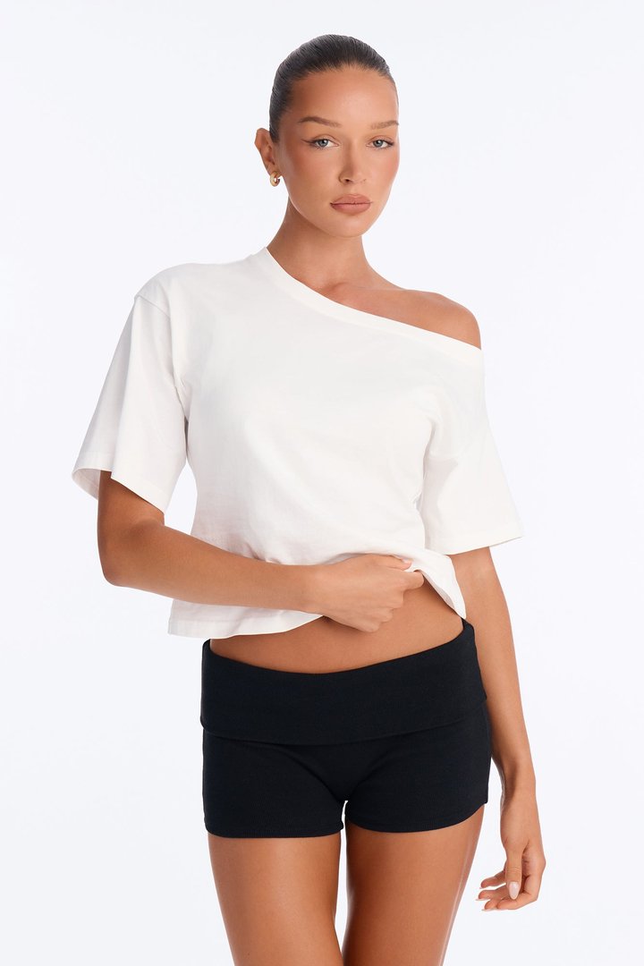 100% Premium Cotton Off Shoulder Short Sleeve Tee - White