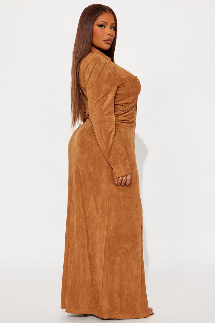 Noelle Suede Maxi Shirt Dress - Cognac