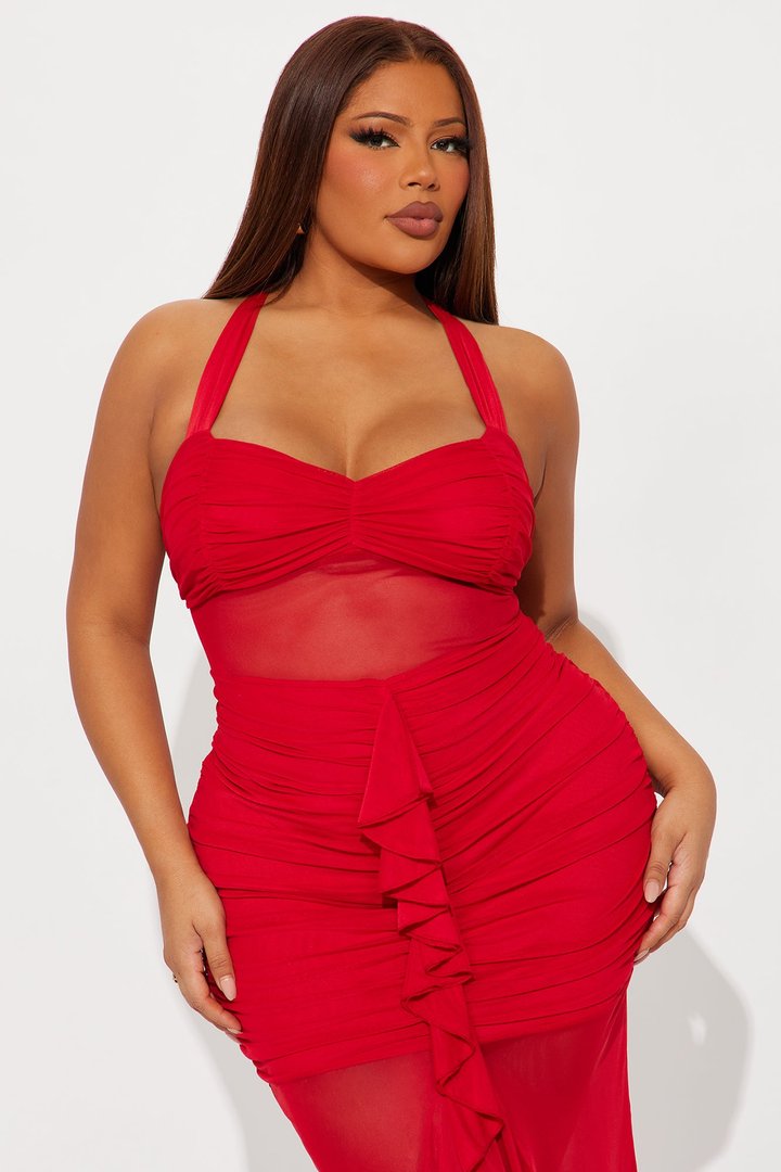 Judy Mesh Halter Midi Dress - Red