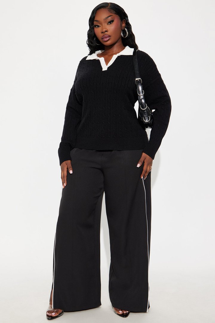 Layla Cable Knit Pullover Polo Sweater - Black/combo