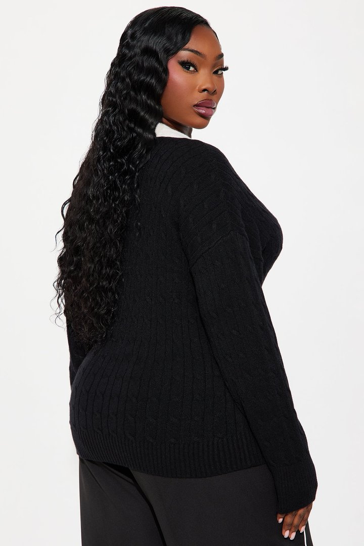 Layla Cable Knit Pullover Polo Sweater - Black/combo