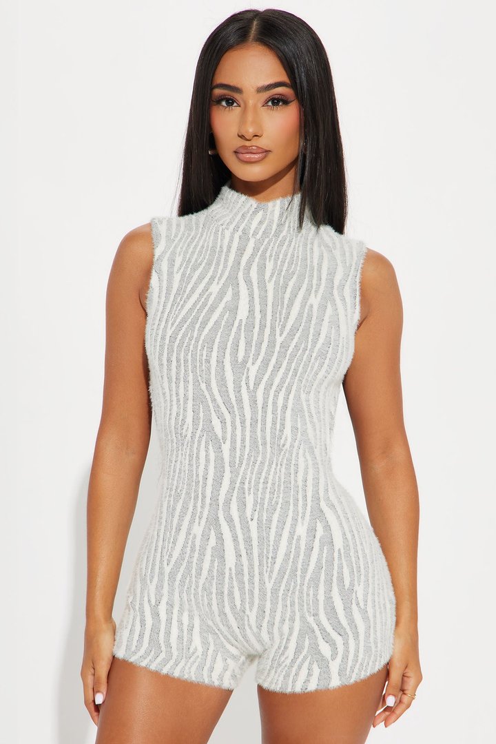 Can't Tame Me Fuzzy Sweater Romper - White/combo