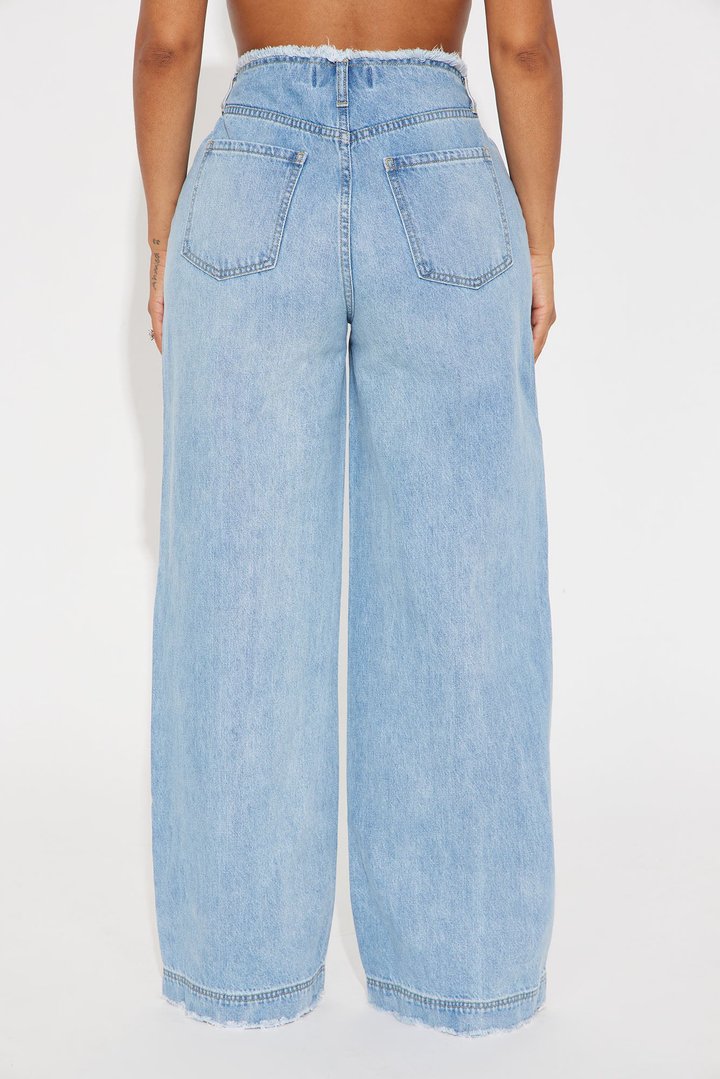 In Your Dreams Cut Off Waistband Baggy Jean - Medium Wash