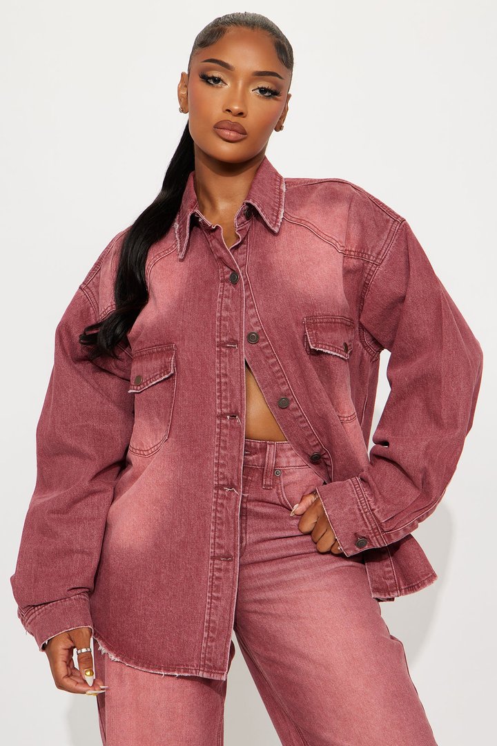 Slow Fade Denim Shacket - Burgundy