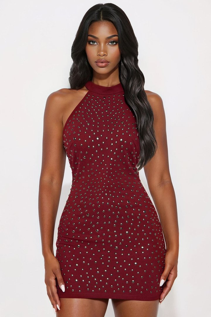 Savannah Studded Halter Mini Dress - Wine