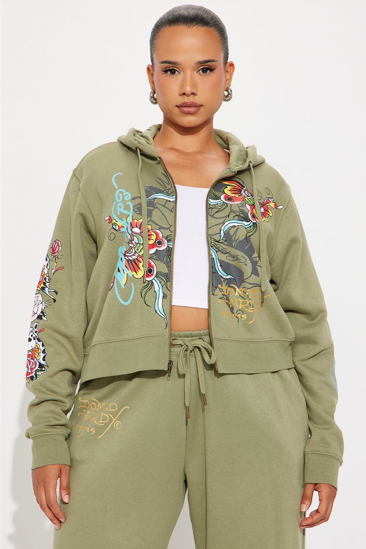 Ed Hardy Butterfly Zip Front Hoodie - Sage