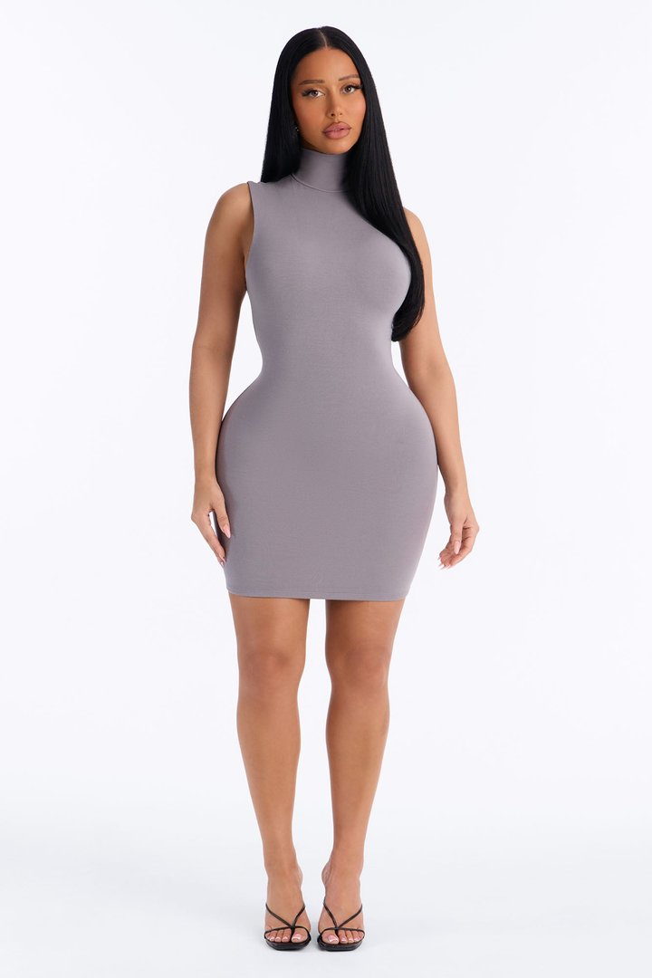 Michelle Premium Modal High Neck Mini Dress - Grey
