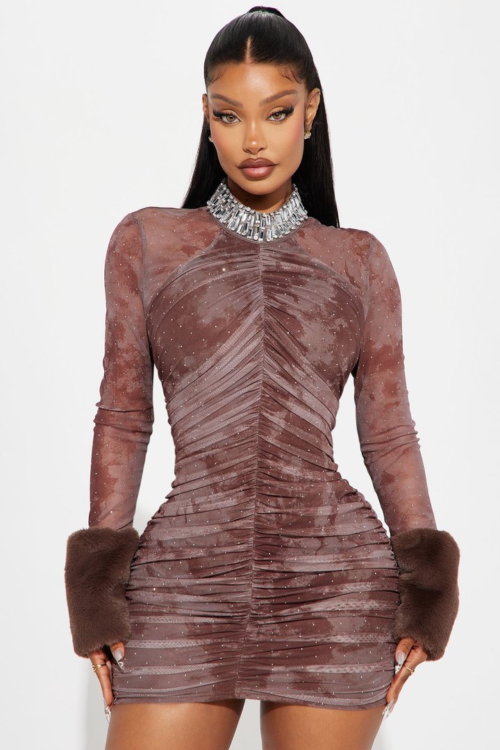 Bodied That Rhinestone Mesh Mini Dress - Brown
