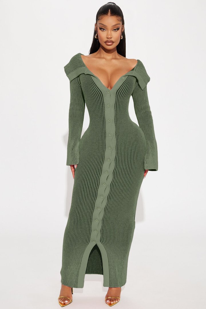 Megan Sweater Maxi Dress - Sage/combo