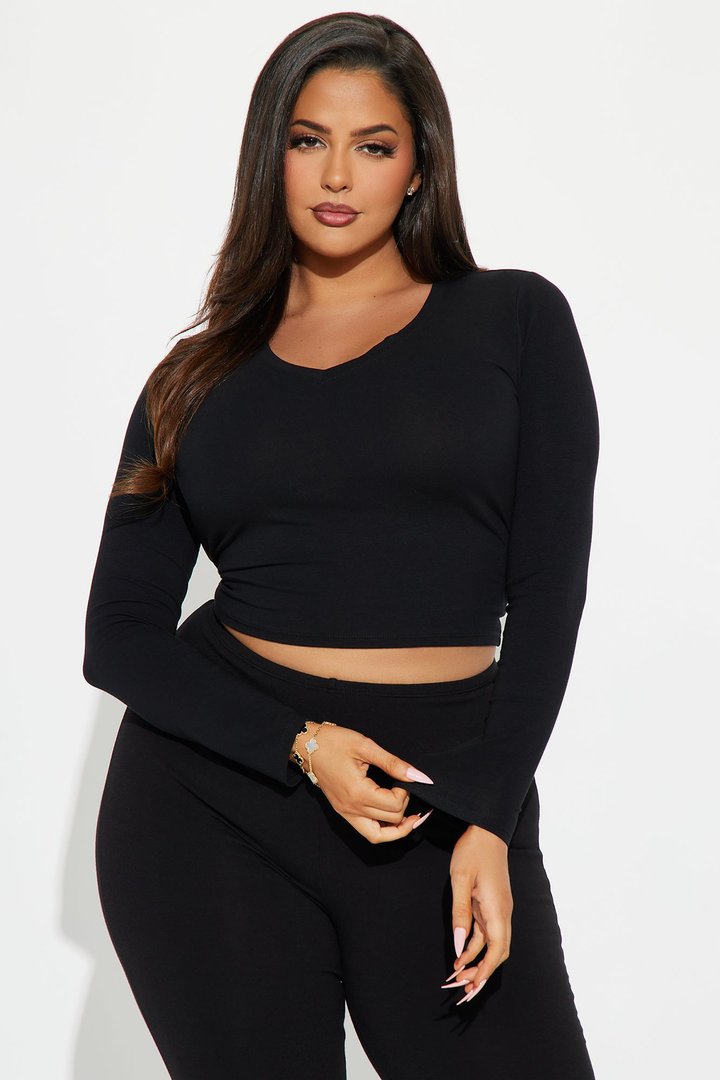 No Brainer Long Sleeve V Neck Tee - Black
