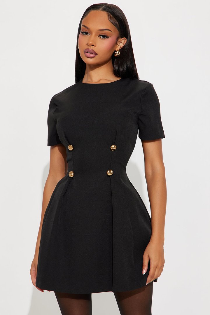 Heidi Short Sleeve Pleated Mini Dress - Black