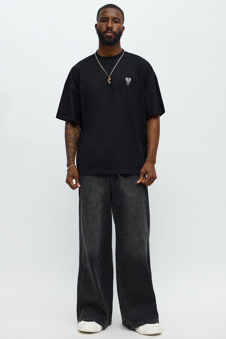 Oversized Mini Embroidery Heavy Weight Boxy Tee - Black