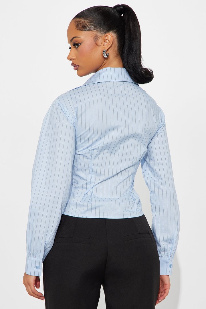 Stripe Me Pleated Poplin Button Up Shirt - Blue/combo