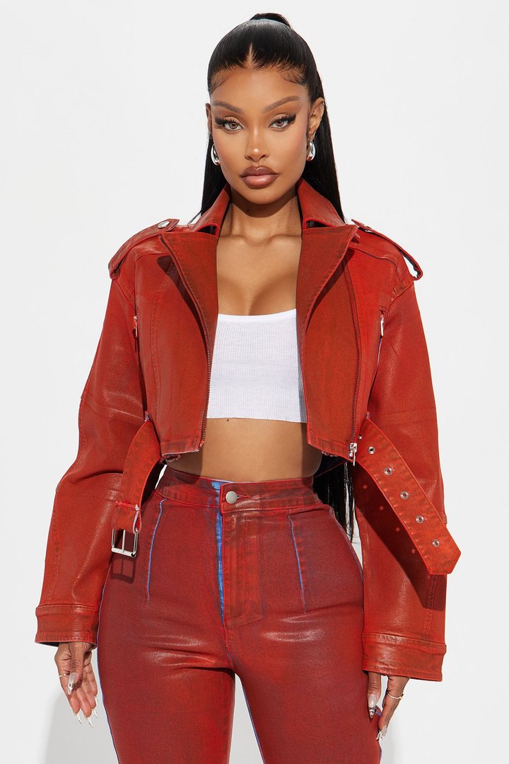 In The Aftermath Coated Moto Denim Jacket - Red
