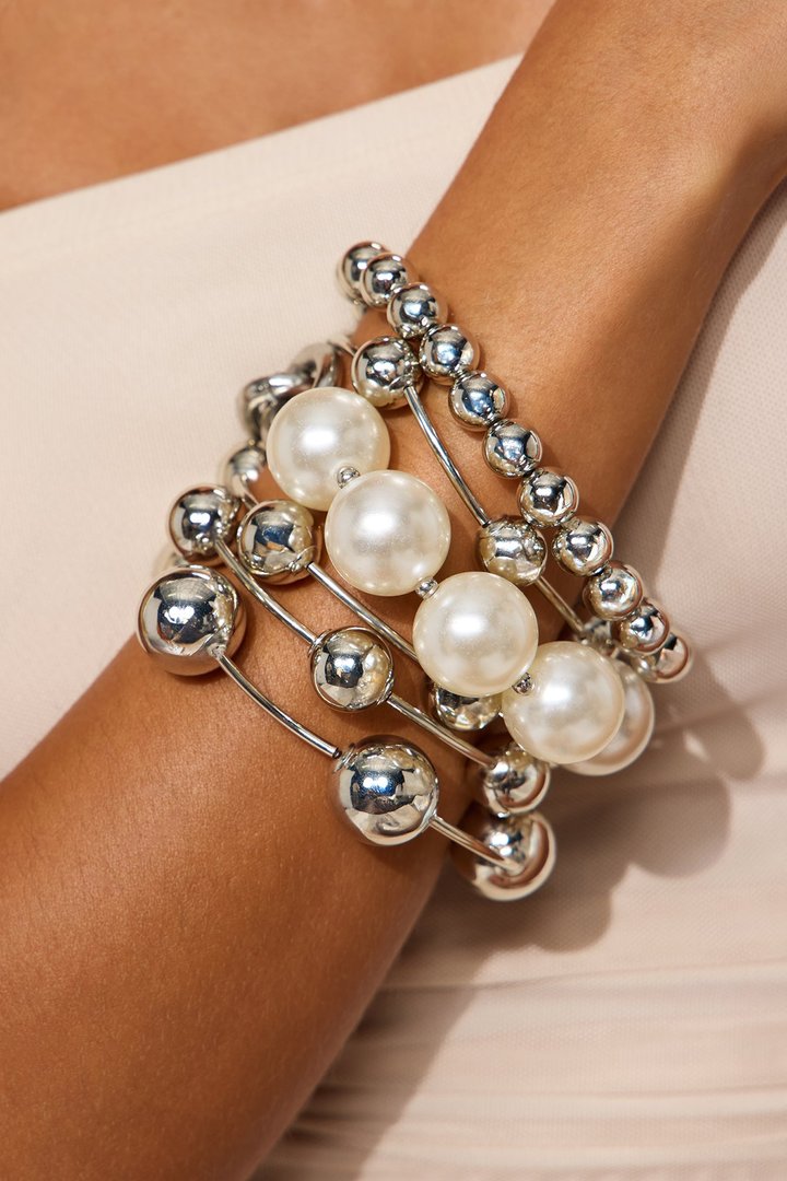 Lori Pearl Beaded 7 Piece Bracelet Set - Silver