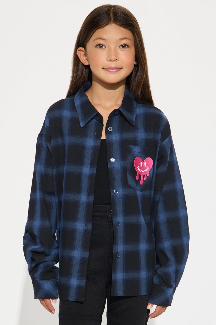Mini Love Ya Graphic Button Down Plaid Shirt - Blue/combo